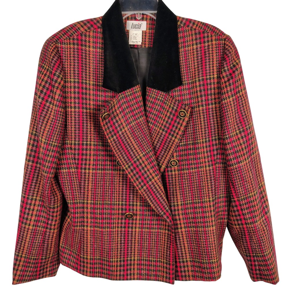 Lucia Womens SZ 16 Double Breasted Plaid Blazer Red Wool Blend Dark Academia